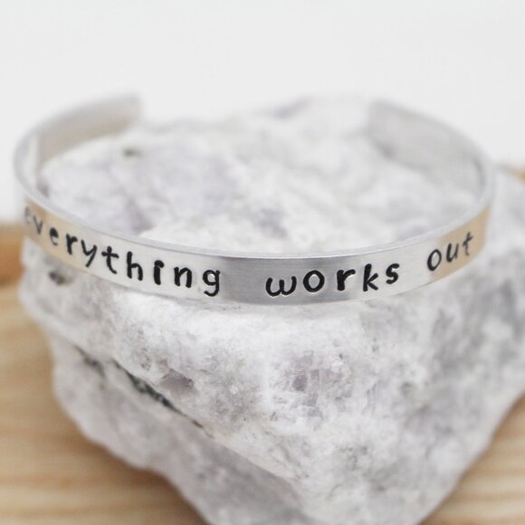 Everything Works Out - Hand Stamped Anodized Aluminum Bangle - Adjustable - Picture 1 of 11